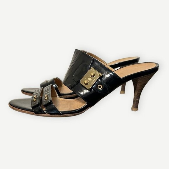 Hermès Black Patent Leather Sandals 36.5 Gold Hardware Buckle Heel Textured Stud - Picture 1 of 10